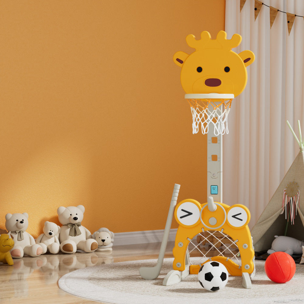 Basketball Hoop Stand Adjustable 5-in-1 Sports Center Toys Set Yellow