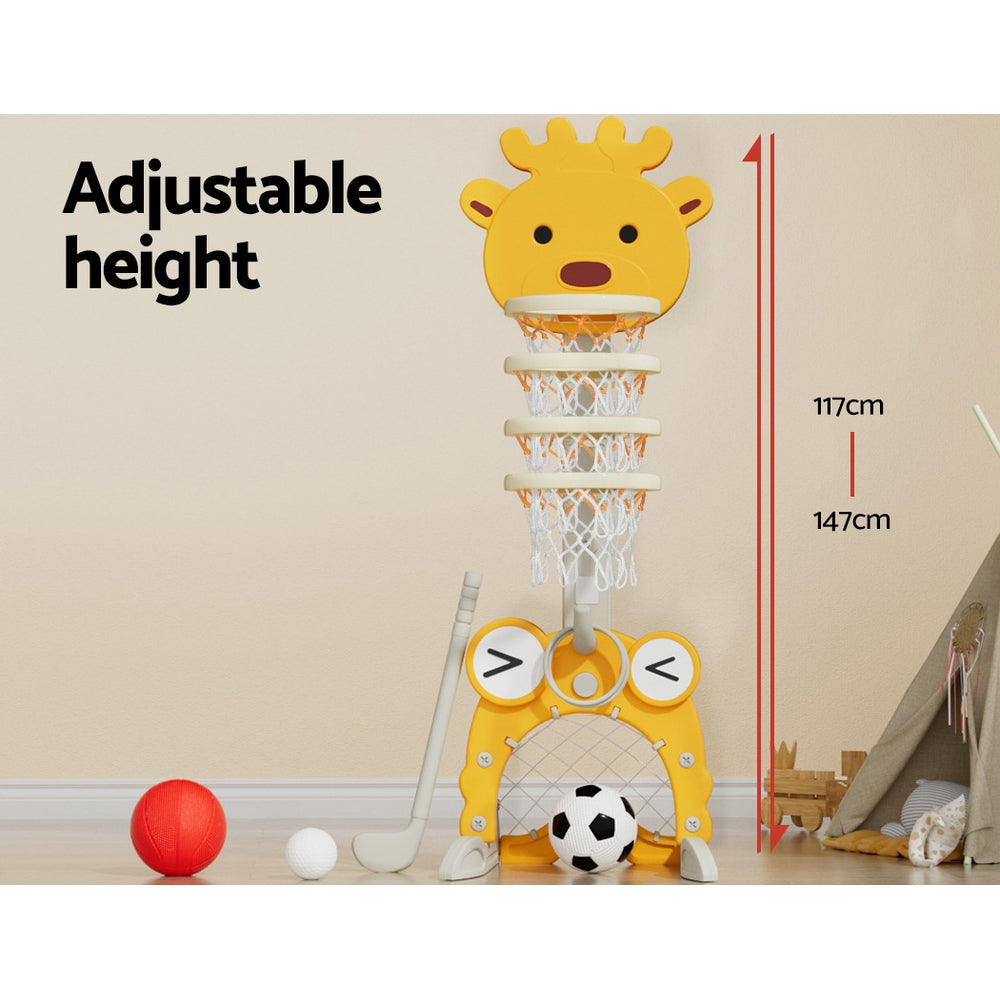 Basketball Hoop Stand Adjustable 5-in-1 Sports Center Toys Set Yellow