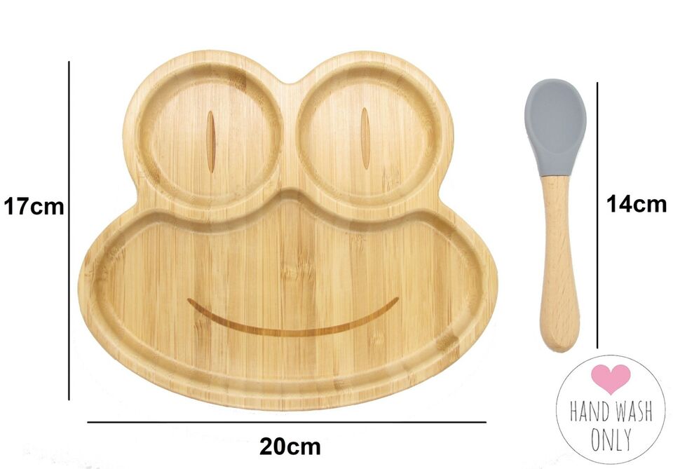 Bamboo Plate Bowl & Silicon Suction Cap Base & Spoon - Frog