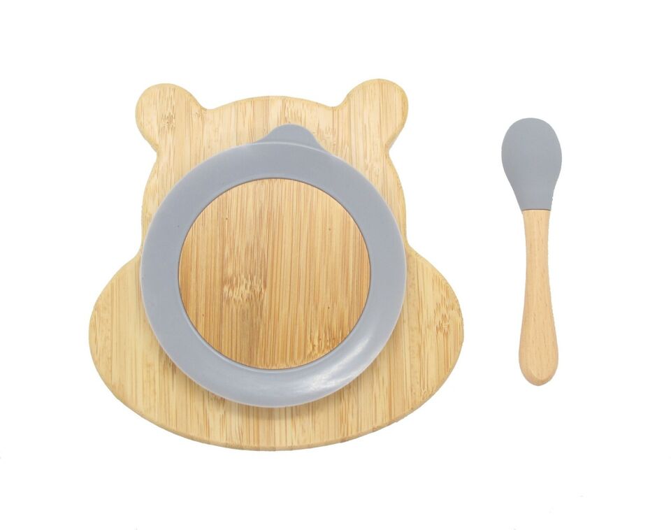 Bamboo Plate Bowl & Silicon Suction Cap Base & Spoon - Hippo