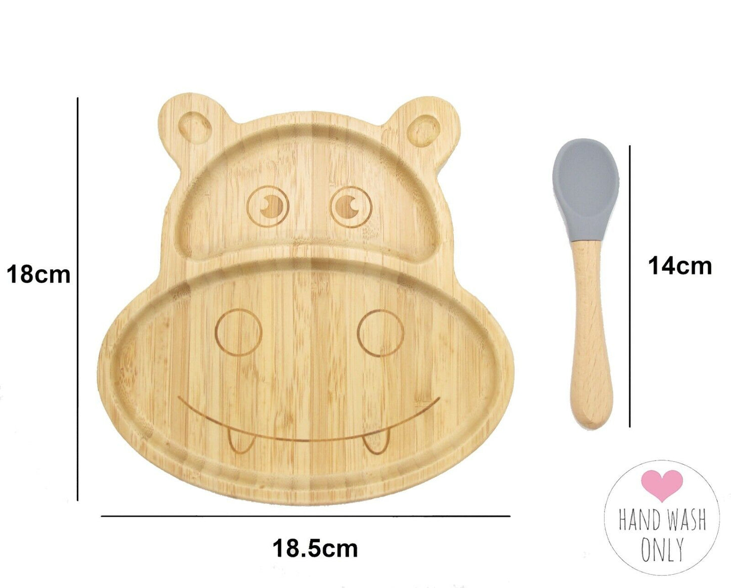Bamboo Plate Bowl & Silicon Suction Cap Base & Spoon - Hippo