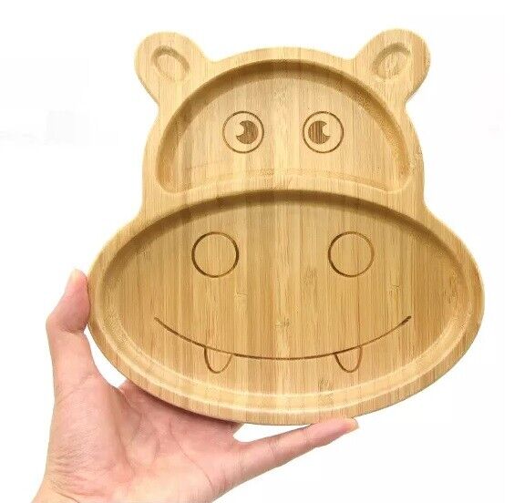 Bamboo Plate Bowl & Silicon Suction Cap Base & Spoon - Hippo