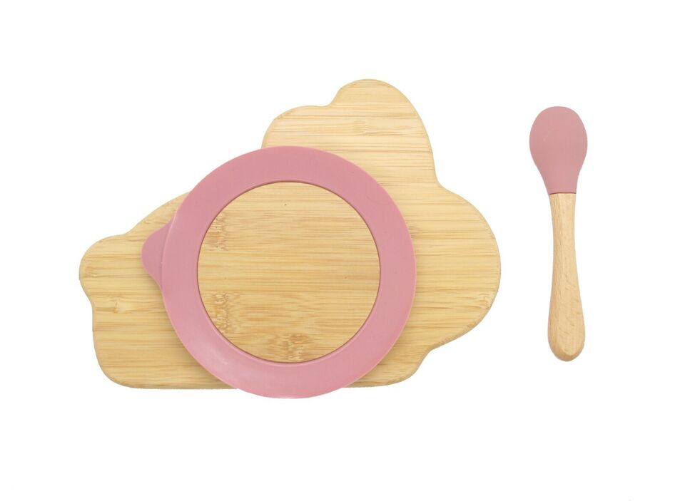 Bamboo Plate Bowl & Silicon Suction Cap Base & Spoon - Rabbit