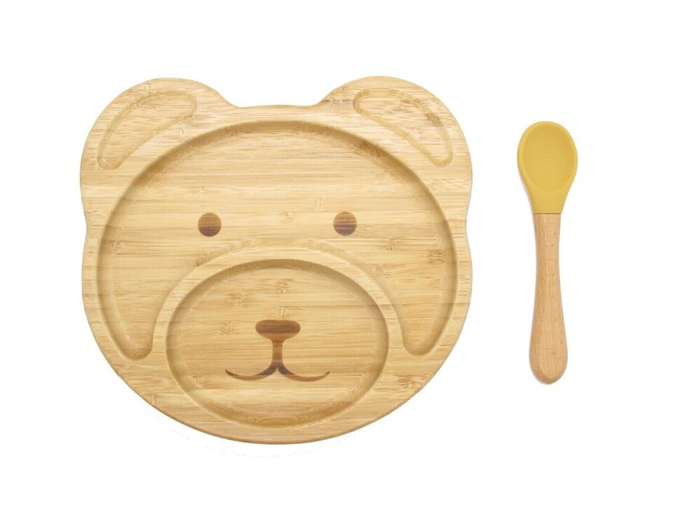 Bamboo Plate Bowl & Silicon Suction Cap Base & Spoon - Teddy Bear