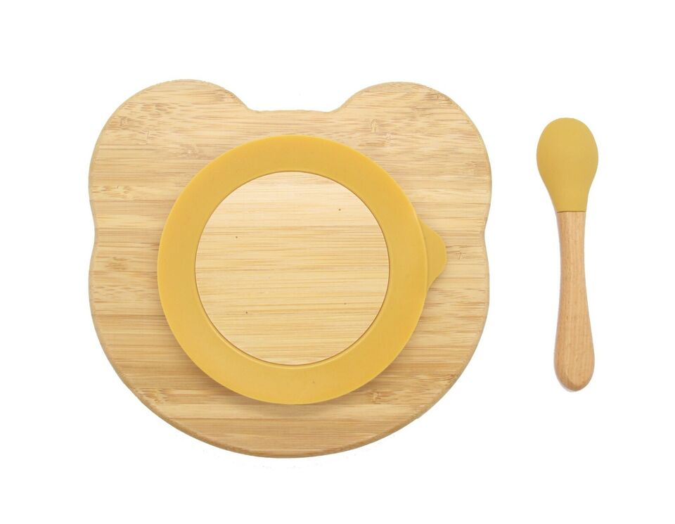 Bamboo Plate Bowl & Silicon Suction Cap Base & Spoon - Teddy Bear
