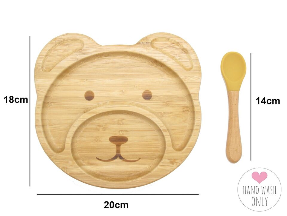 Bamboo Plate Bowl & Silicon Suction Cap Base & Spoon - Teddy Bear