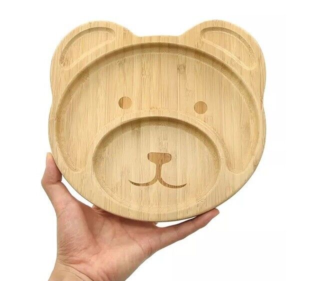 Bamboo Plate Bowl & Silicon Suction Cap Base & Spoon - Teddy Bear