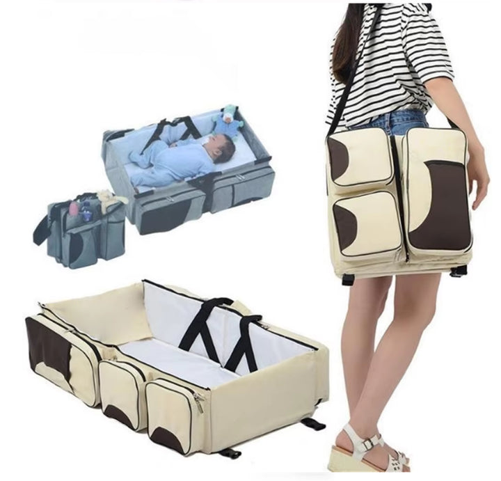 Multifunctional Foldable Crib & Diaper Bag | Portable Shoulder and Handheld Baby Essentials Bag (Grey Brown)