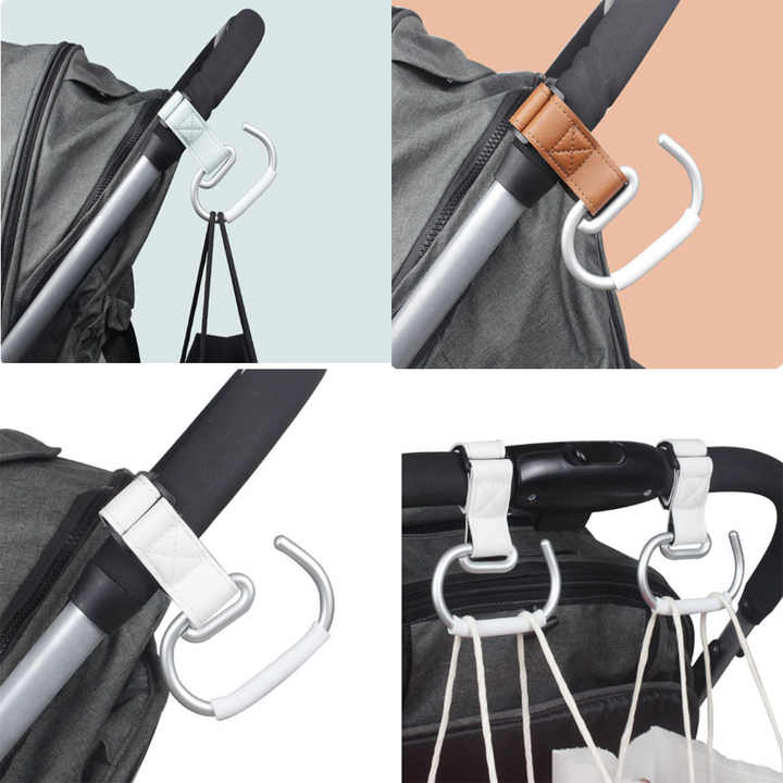 White Stroller Hooks 4-Pack - Leather and Alloy Pram Hooks with Velcro for Mom Bags and Accessories