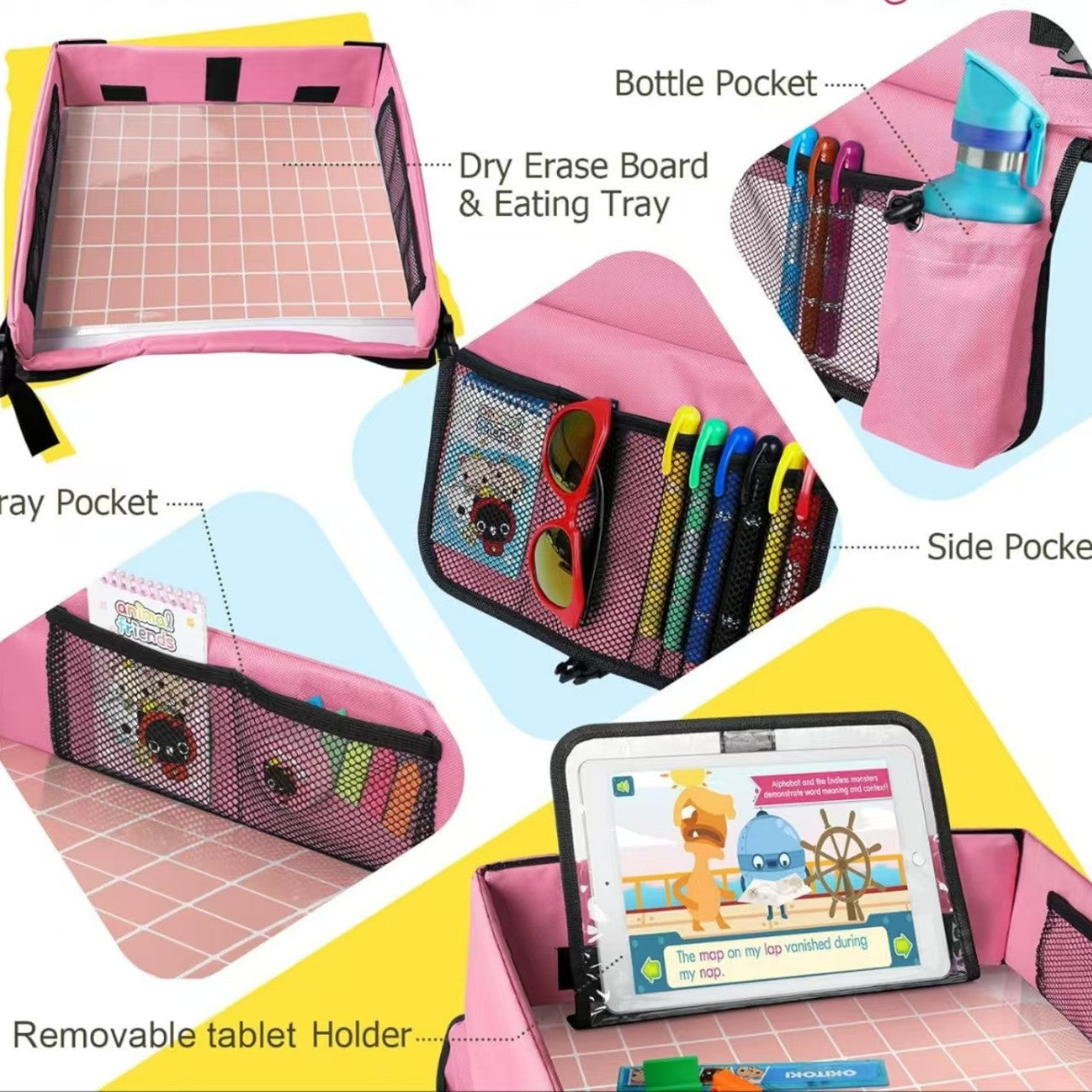 Blue Car Seat Organizer Tray for Kids - Travel Toy Storage with 43×36.5×30cm Large Capacity - Backseat Activity Tray with Storage Pockets