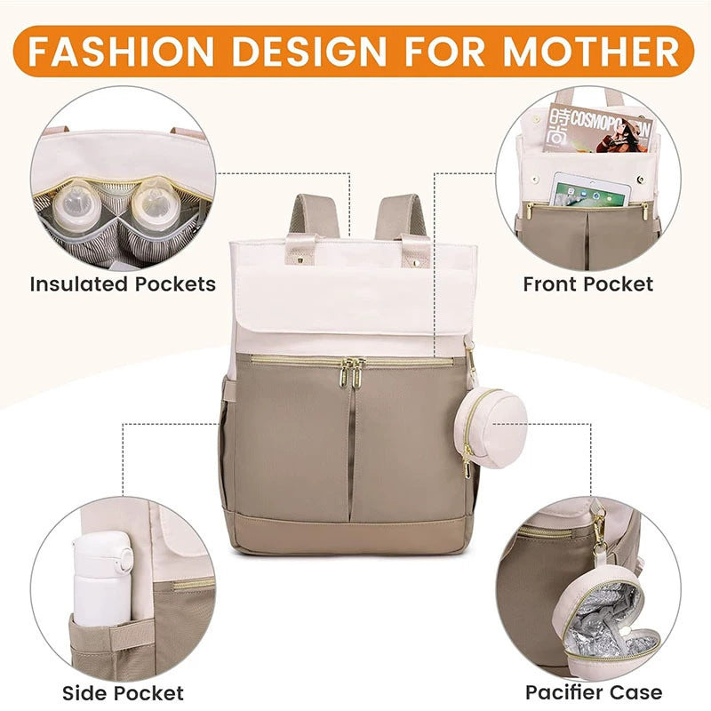 Pink and Grey Stylish Nappy Bag Backpack - Multi-Functional Diaper Bag with Insulated Pockets, Changing Pad & Pacifier Case