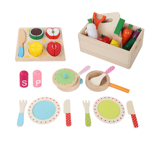 Kitchen Play Set Wooden Pretend Toys Cooking Utensils Pots Pans Food