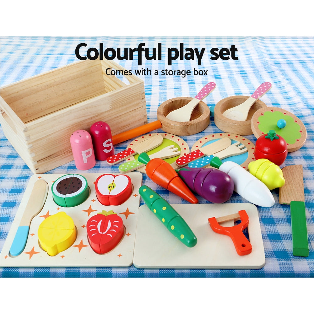 Kitchen Play Set Wooden Pretend Toys Cooking Utensils Pots Pans Food