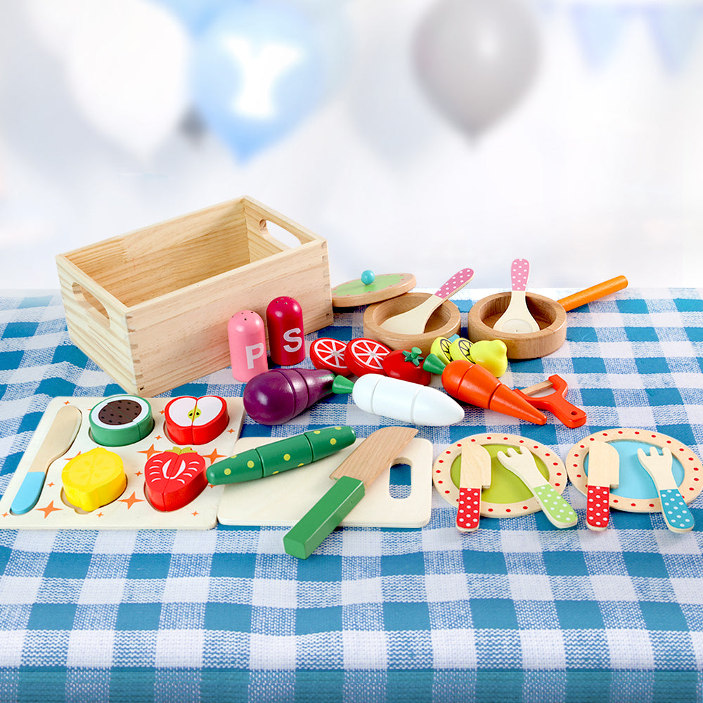 Kitchen Play Set Wooden Pretend Toys Cooking Utensils Pots Pans Food