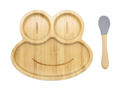 Bamboo Plate Bowl & Silicon Suction Cap Base & Spoon - Frog