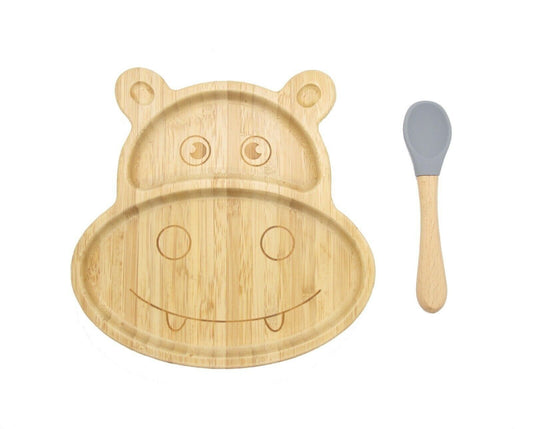 Bamboo Plate Bowl & Silicon Suction Cap Base & Spoon - Hippo