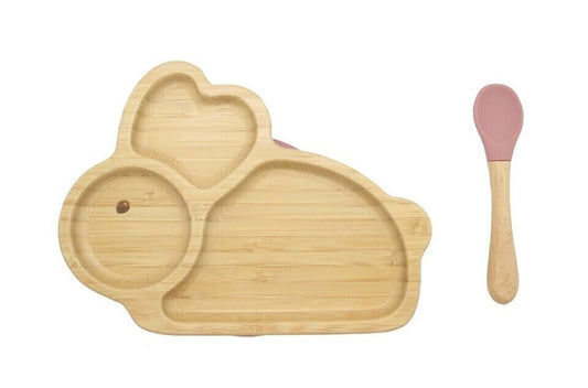 Bamboo Plate Bowl & Silicon Suction Cap Base & Spoon - Rabbit